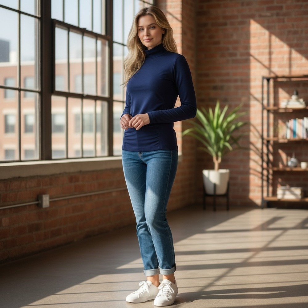 Choice Navy Seamless Turtleneck Long Sleeve Top Mock Neck Ruched #2000 OS (146)